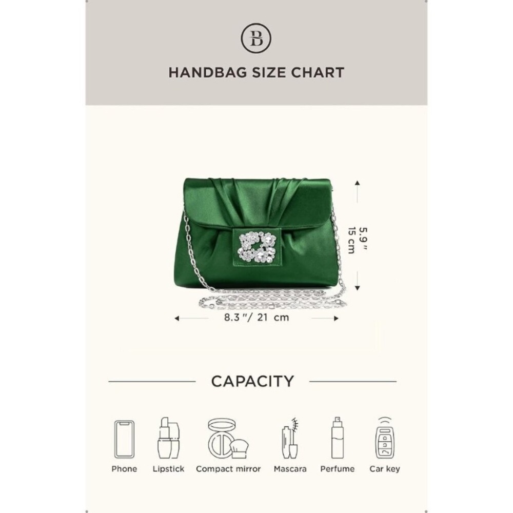 NWT-Elegant Green Satin Clutch with Chain Strap - Picture 11 of 12
